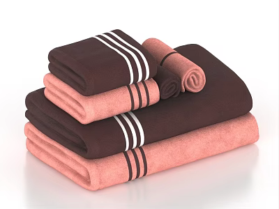 Shower Sauna Towels in Brown and Pink with White Stripes Stacked Neatly 3d model