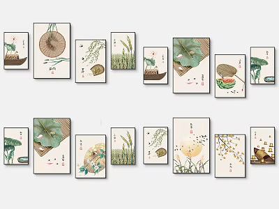 Traditional Chinese Ink Art Decorative Paintings With Lotus Fan And Nature Elements For Home 3d model