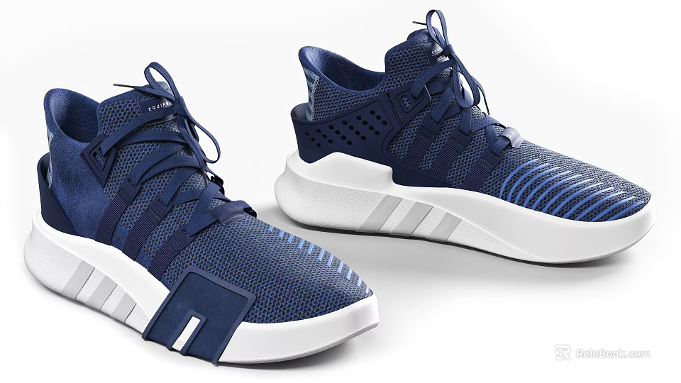 Stylish Blue Lace Up Sneakers With White Sole And Stripes 3d model 