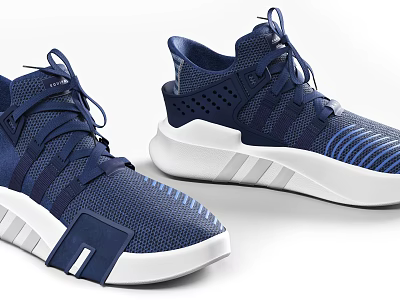Stylish Blue Lace Up Sneakers With White Sole And Stripes 3d model