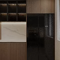 Modern Minimalist Living Dining Room With Dark Wood TV Background And Marble Coffee Tables