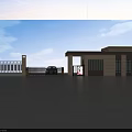 Modern Entrance Gate with Metal Fence and Car Parked in Front of Building Structure
