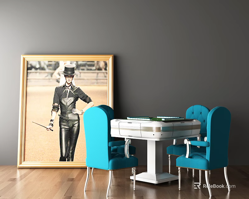 White Entertainment Table With Blue Chairs And Framed Artwork In Modern Room 3d model 