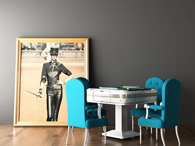 White Entertainment Table With Blue Chairs And Framed Artwork In Modern Room 3d model