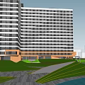 Modern Apartment Building Exterior With Glass Curtain Wall And Wooden Entrance