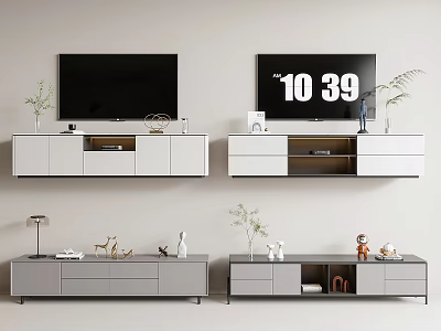 Modern TV Cabinets In White And Gray With Storage Drawers And Decorative Vases 3d model