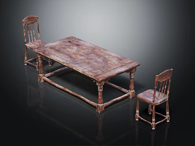 Vintage Wooden Dining Table Set With Two Matching Chairs And Rustic Design 3d model
