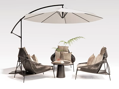 Modern Outdoor Chairs with Metal Frame Comfortable Cushions Side Table Green Plant Under Large Umbrella 3d model