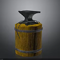 Vintage Anvil Placed On Rustic Wooden Barrel With Metal Hoops