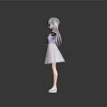3D Model Girl With Gray Twin Ponytails White Dress White Shoes Arms Outstretched Dark Background