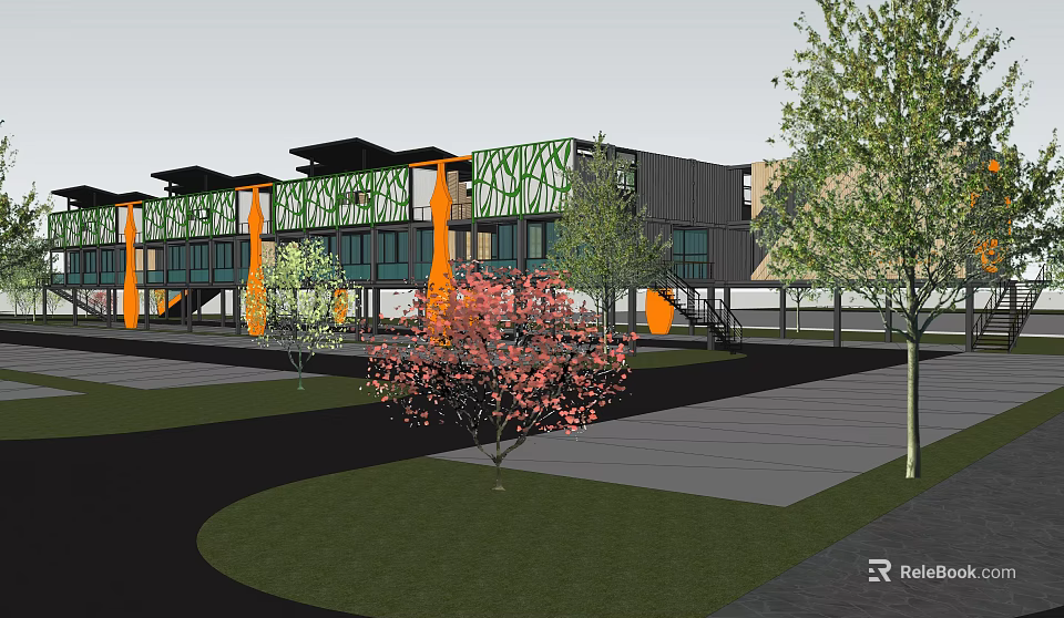 Modern Industrial Equipment 3D Model with Green Orange Design and Landscaping Elements 3d model