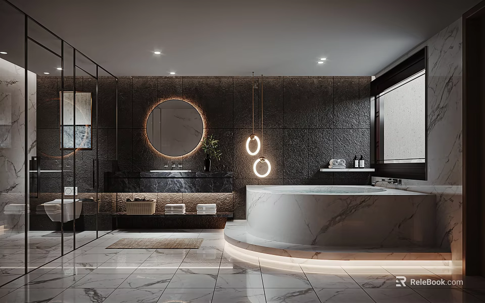 Modern Bathroom Interior Design With Marble Bathtub Round Mirror Hanging Lights And Dark Walls 3d model 