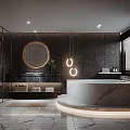 Modern Bathroom Interior Design With Marble Bathtub Round Mirror Hanging Lights And Dark Walls