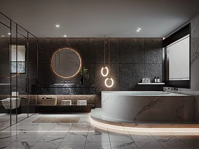 Modern Bathroom Interior Design With Marble Bathtub Round Mirror Hanging Lights And Dark Walls 3d model