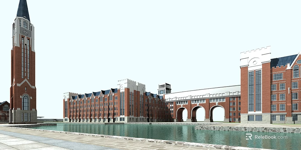 Red Brick School Building With Arched Design Pond And Clock Tower 3d model
