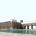 Red Brick School Building With Arched Design Pond And Clock Tower 3d model