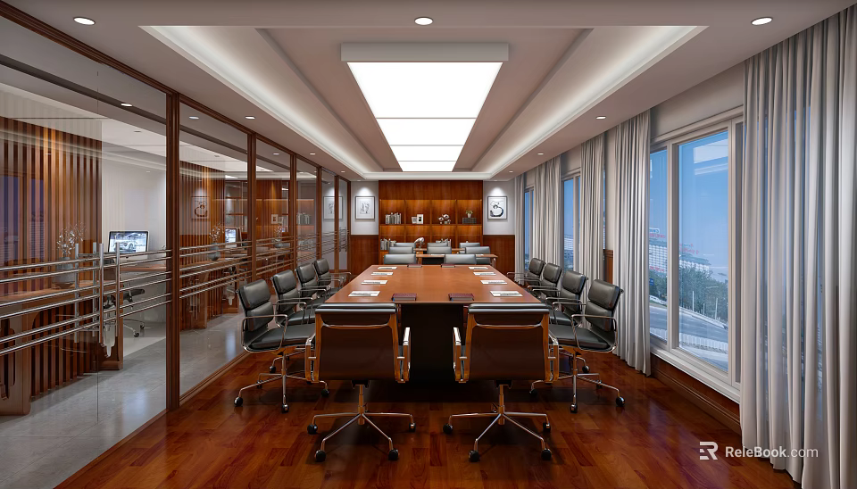 Modern Conference Room With Long Table Black Office Chairs Wooden Walls And Large Windows 3d model 