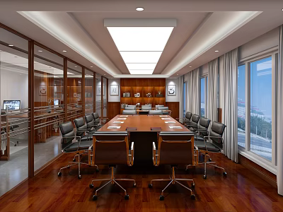 Modern Conference Room With Long Table Black Office Chairs Wooden Walls And Large Windows 3d model