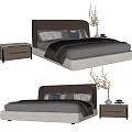 Modern Double Bed With Upholstered Headboard Bedside Table And Decorative Plant 3d model