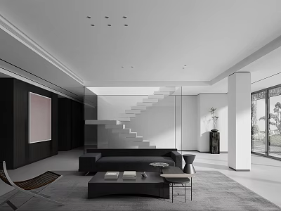 Modern Minimalist Living Room Interior With Black Sofa Glass Staircase And Floor to Ceiling Windows 3d model
