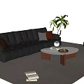 Modern Black Leather Sofa and Glass Top Coffee Table Set with Armchair Plant and Cushions