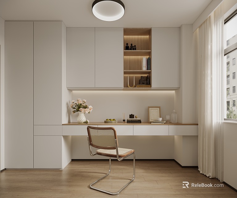 Modern Minimalist Study Room With Cabinets Desk And Chair 3d model 