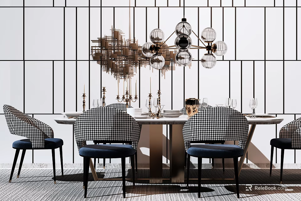 Elegant Modern Dining Table Set With Patterned Chairs Glass Chandelier And Tableware 3d model 
