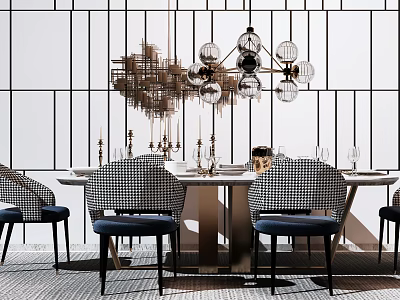 Elegant Modern Dining Table Set With Patterned Chairs Glass Chandelier And Tableware 3d model