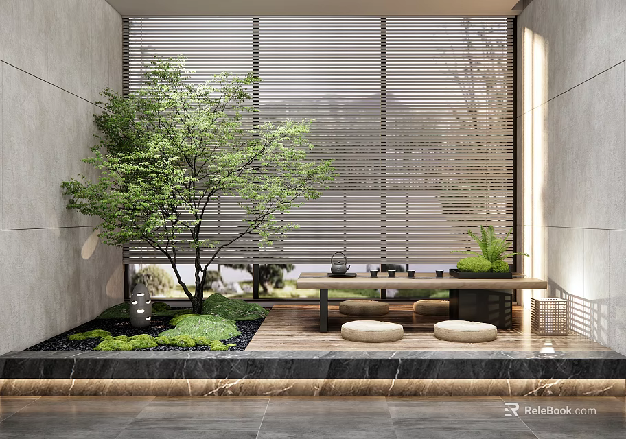 Modern Courtyard Tea Space with Tea Table and Chairs Green Plants and Sliding Shutter Windows 3d model