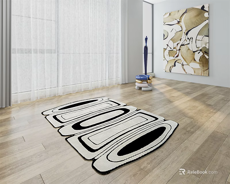 Modern Living Room Stylish Geometric Shaped Rug With Side Table And Decorative Painting 3d model 