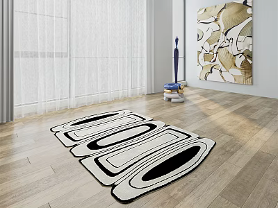 Modern Living Room Stylish Geometric Shaped Rug With Side Table And Decorative Painting 3d model