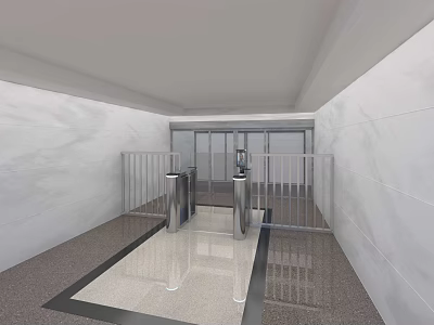 Modern Office Corridor With White Marble Walls Silver Turnstiles And Glass Doors 3d model