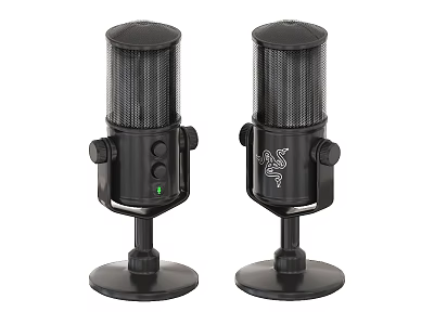 Dual Black Carbon Fiber Texture Desktop Microphones With Stand And Control Buttons For Daily Use 3d model