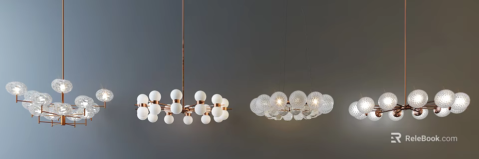 Modern Design Chandeliers With White Sphere Metal Frame And Transparent Textured Glass Globes 3d model 