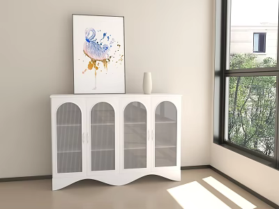 White Console Cabinet Sideboard with Arched Glass Doors Decorative Flamingo Art Vase in Bright Room 3d model