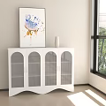 White Console Cabinet Sideboard with Arched Glass Doors Decorative Flamingo Art Vase in Bright Room