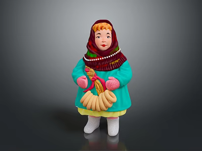 Woman Doll In Traditional Clothing With Red Headscarf Blue Coat Green Skirt And Bread Bunch 3d model