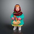 Woman Doll In Traditional Clothing With Red Headscarf Blue Coat Green Skirt And Bread Bunch