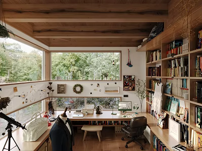 Cozy Study Room Interior With Large Windows Overlooking Green Trees And Bookshelves Filled With Books 3d model