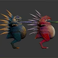 Two Vibrant Spiked Fantasy Creatures With Colorful Bodies And Green Objects