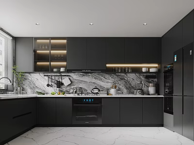 Modern Black Kitchen Interior With Marble Countertops Built-in Appliances And Lighting 3d model
