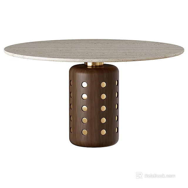 Round Dining Table With Light Gray Tabletop And Dark Brown Cylindrical Base Gold Dots 3d model