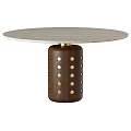 Round Dining Table With Light Gray Tabletop And Dark Brown Cylindrical Base Gold Dots 3d model