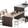 Modern Wooden Dining Table Set With Wicker Back Chairs Bench And Stone Island Counter