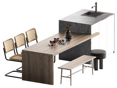 Modern Wooden Dining Table Set With Wicker Back Chairs Bench And Stone Island Counter 3d model