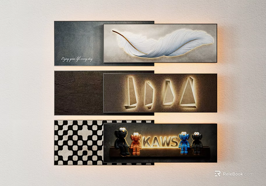 Modern Wall Decor With Feather Art Geometric Shapes KAWS Figures And Checkerboard Pattern 3d model 