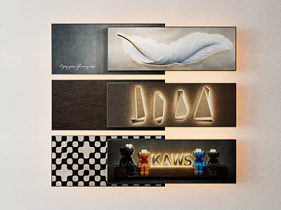 Modern Wall Decor With Feather Art Geometric Shapes KAWS Figures And Checkerboard Pattern 3d model