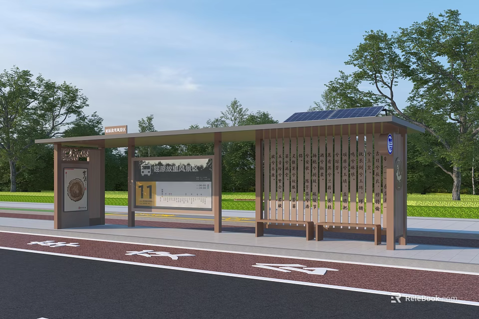 Modern Bus Station With Solar Panels Shelter Bench And Information Board Near Trees Grassland 3d model 