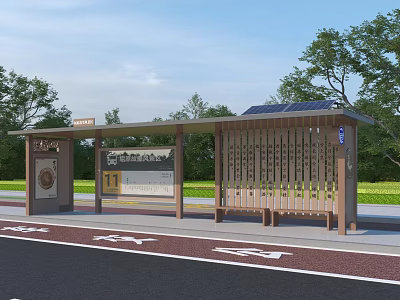 Modern Bus Station With Solar Panels Shelter Bench And Information Board Near Trees Grassland 3d model
