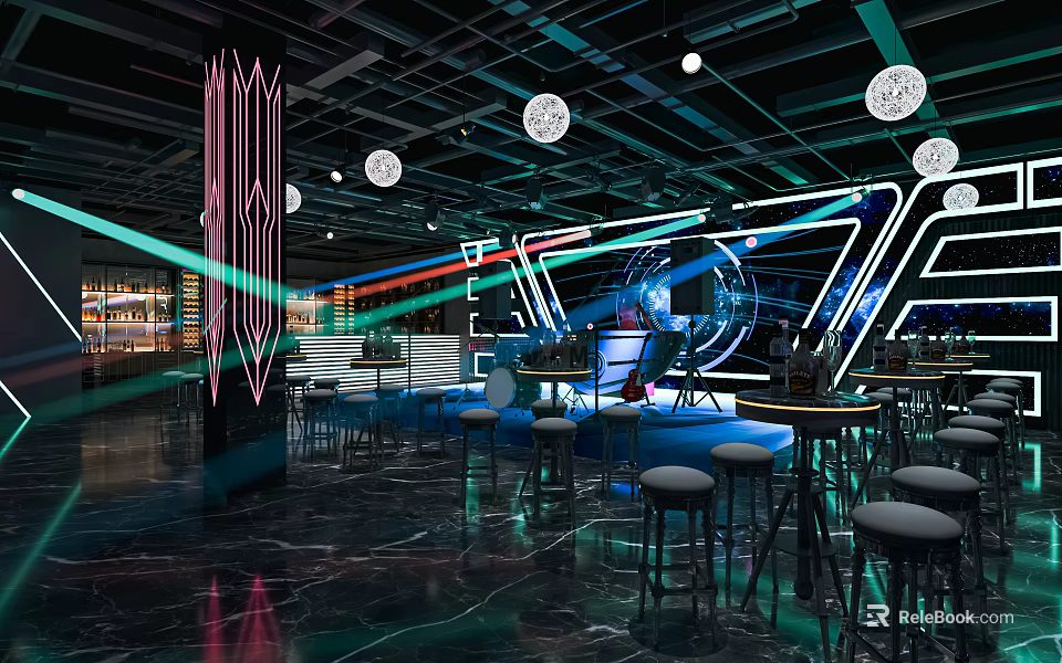Modern Bar Interior Design With Neon Lights Counter Stools Lighting Effects And Marble Floor 3d model 